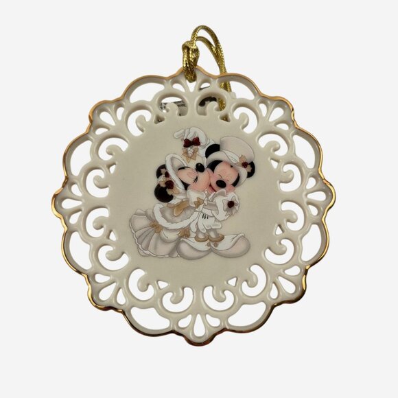 Walt Disney World Ornament A Mistletoe Kiss White Gold Trim Minnie Mickey NWT - Picture 2 of 10